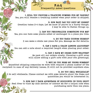 May include: A list of frequently asked questions about personalized plant creations. The questions include information about tracking numbers, shipping times, customization options, gift wrapping, and wholesale orders.