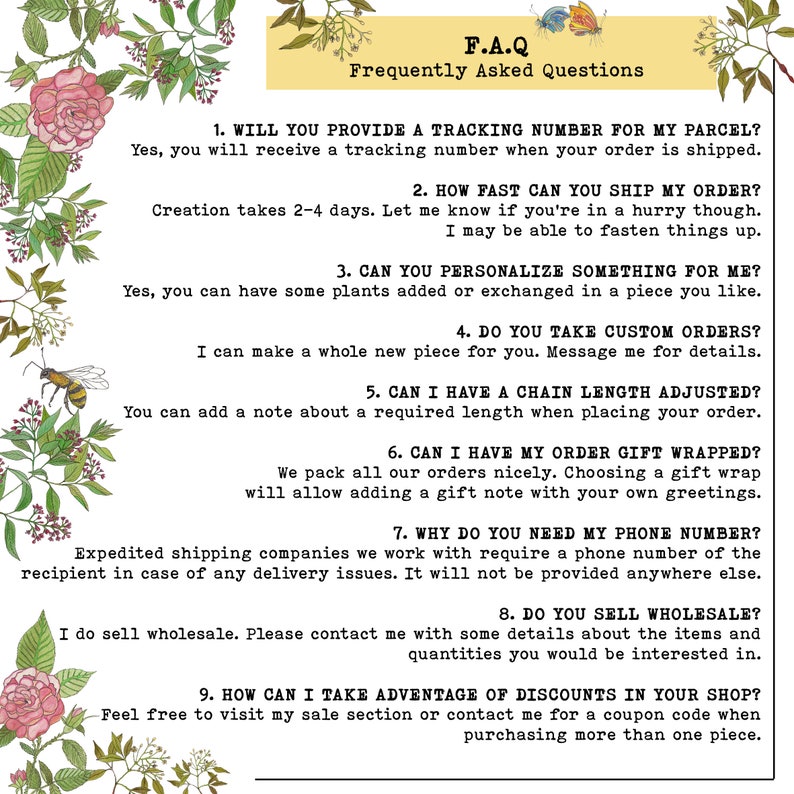 May include: A list of frequently asked questions about personalized plant creations. The questions include information about tracking numbers, shipping times, customization options, gift wrapping, and wholesale orders.