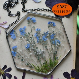 forget me nots, Stained Glass Frame, pressed flower frame, pressed plant frame, framed dried flowers, flower hanging, hanging glass decor