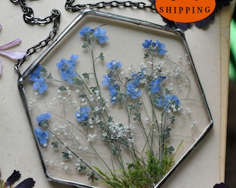 forget me nots, Stained Glass Frame, pressed flower frame, pressed plant frame, framed dried flowers, flower hanging, hanging glass decor