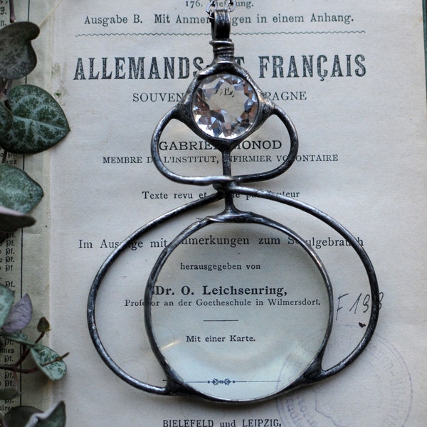 magnifying glass pendant, celestial necklace, glass diamond, retro pendant, recycled pendant, vintage pendant, loupe necklace, loupe pendant