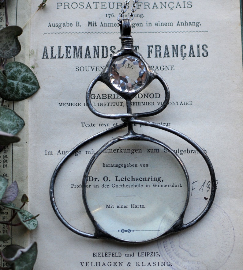 magnifying glass pendant, celestial necklace, glass diamond, retro pendant, recycled pendant, vintage pendant, loupe necklace, loupe pendant image 1