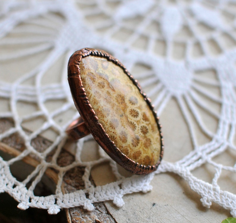 5.75 us size oval shape Big fossil coral ring brown raw ring electroformed jewelry earthy boho jewelry by MARIAELA stunning stone