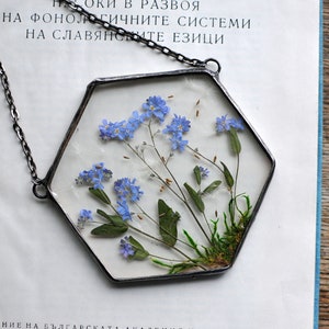 Vergissmeinnicht, Buntglasrahmen, gepresster Blumenrahmen, gepresster Pflanzenrahmen, gerahmte getrocknete Blumen, Blumenhängen, hängendes Glasdekor