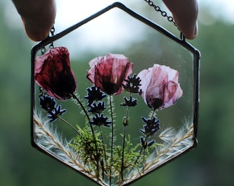 getrocknete echte Mohnblume, gepresster Blumenrahmen, hängendes Terrarium, Buntglasrahmen, gepresste Blumen, Doppelglasrahmen, Buntglasdekor