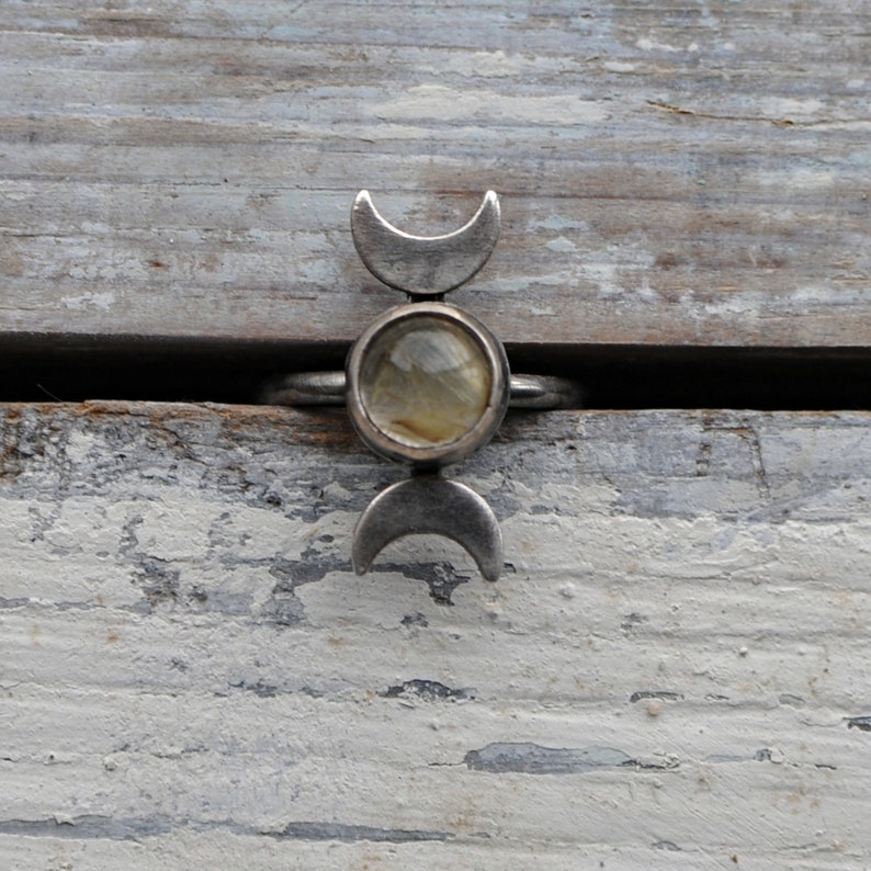 celestial ring, 6.75 US, rutilated quartz ring, moon phase ring, moon cycle ring, celestial jewelry, moon phases ring, waxing moon image 5