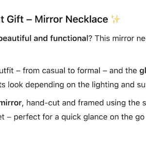 May include: A mirror necklace featuring a central hand-cut mirror framed with stained glass technique. The text reads: A Unique and Elegant Gift &ndash; Mirror Necklace. Looking for a gift that's both beautiful and functional? This mirror necklace is a stunning blend of artistry and everyday use.