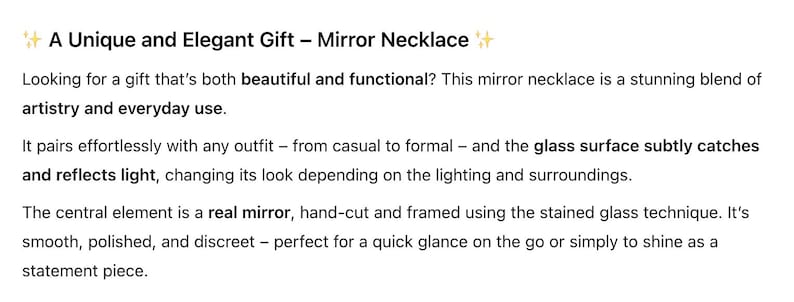 May include: A mirror necklace featuring a central hand-cut mirror framed with stained glass technique. The text reads: A Unique and Elegant Gift &ndash; Mirror Necklace. Looking for a gift that's both beautiful and functional? This mirror necklace is a stunning blend of artistry and everyday use.