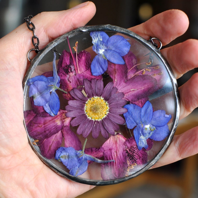 Stained Glass Frame, pressed flower frame, pressed plant frame, pressed hydrangea, framed dried flowers, flower hanging, hanging glass decor image 4