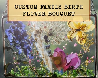 Décoration de fleurs de naissance personnalisée, composition florale de naissance, grande fleur pressée, cadeau d'anniversaire, fleurs du mois de naissance, décoration personnalisée