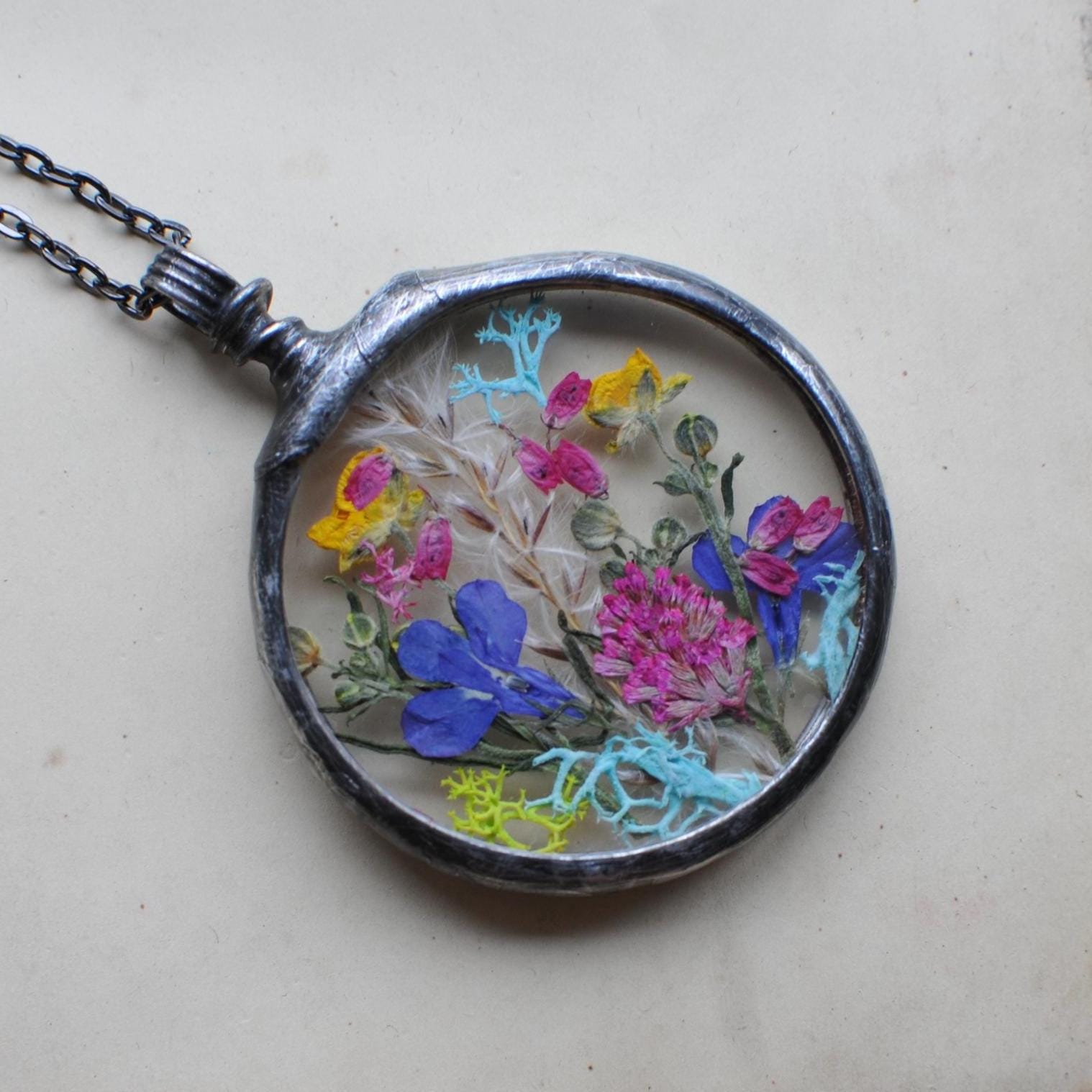 Pressed Flower Necklace with Buttercup, Lobelia & Heather | Stained Glass Terrarium Pendant | Botanical Jewelry by MARIAELA