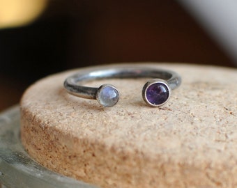 Dual stone ring, US 4.75 size, moonstone and amethyst ring, gemstone ring, sterling Silver ring, stacking ring, open ring, adjustable