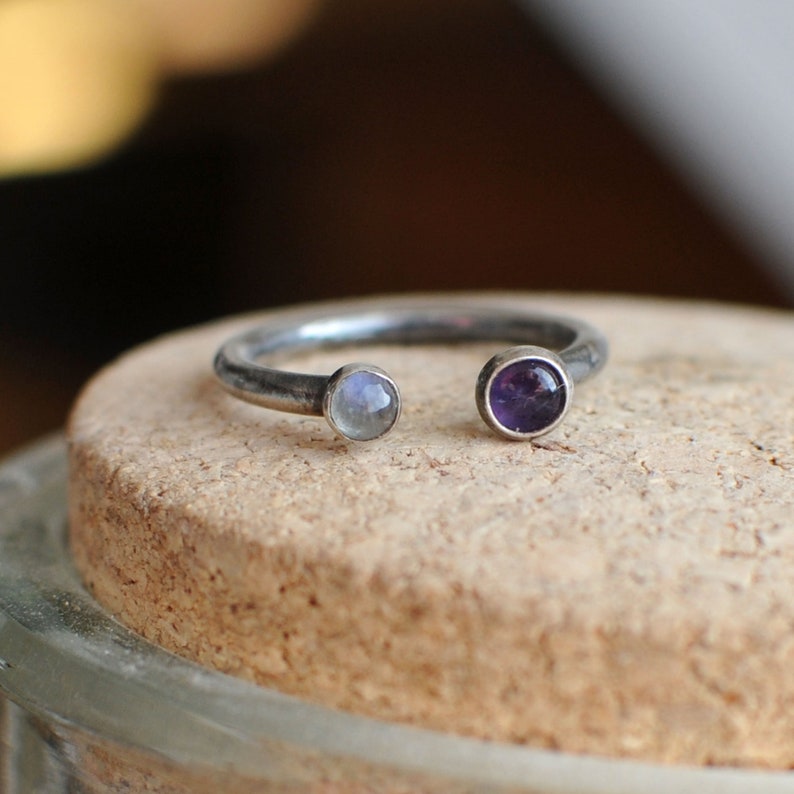 Dual stone ring, US 4.75 size, moonstone and amethyst ring, gemstone ring, sterling Silver ring, stacking ring, open ring, adjustable image 1