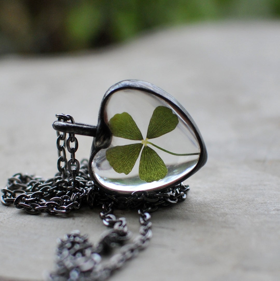 Pressed Jewelry Four Leaf Clover Botanical Jewelry Real pic