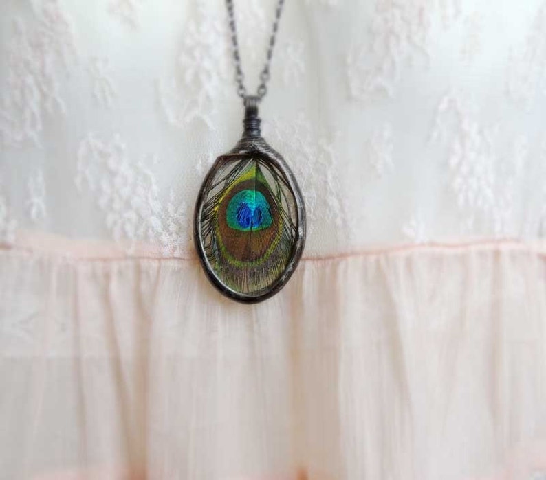 real peacock necklace, bohemian necklace, peacock feather, Peacock necklace, Eye of the Natural Peacock, boho jewelry, terrarium necklace image 2