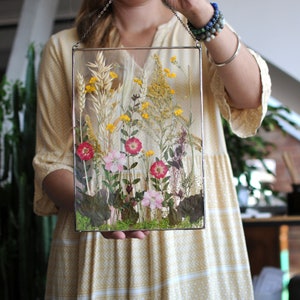 Pressed Flower Art, Dried Flower Art, Botanical Wall Art, Stained Glass Frame, Real Dried Flowers, Vertical Glass Art,Pressed Flower Frame