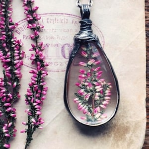 Pressed flower Jewelry, Pressed Flower Frame, Heather necklace, Terrarium Jewelry, Long Chain Necklace, Pressed Flowers