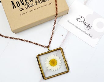 Hand pressed Daisy necklace - gift for bridesmaid - stocking filler gift - daisy pendant - baby shower gift - anniversary gift
