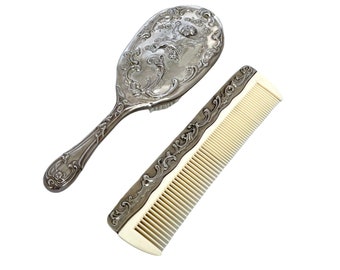 Vintage Cherub Silver Plated Vanity Set: Ornate Hair Brush & Comb
