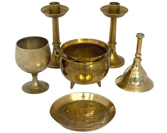 Vintage Brass Alter Kit, Cauldron, Bell, Candlestick, Goblet, Offering Dish, Chalice, Pagan Alter, Wiccan Traveling Alter, Witchcraft Tools