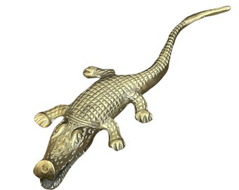 Vintage Brass Crocodile Figure: Small Alligator Sculpture