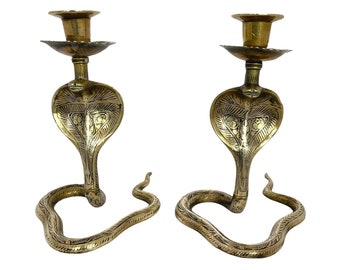 Vintage Brass Cobra Candle Holders, Pair of Snake Candle Sticks, Bohemian BCobra Candleholders, Indian Snake, Cobra Snake, Occult Decor