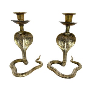 Vintage Brass Cobra Candle Holders, Pair of Snake Candle Sticks, Bohemian BCobra Candleholders, Indian Snake, Cobra Snake, Occult Decor