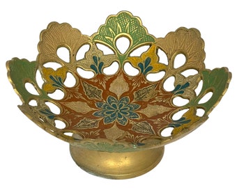 Vintage Brass Cloisonné Bowl, Enamel Bowl, Filigree Dish, Decorative Bohemian Brass Dish, Brass Candle Holder, Floral Bowl, Candle Stand