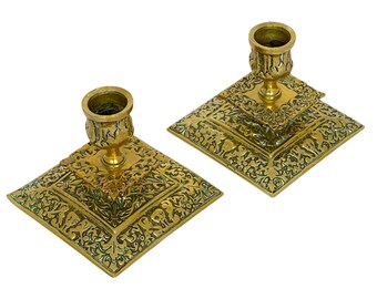 Victorian Brass Candle Holders: Renaissance Floral Candlestick Pair