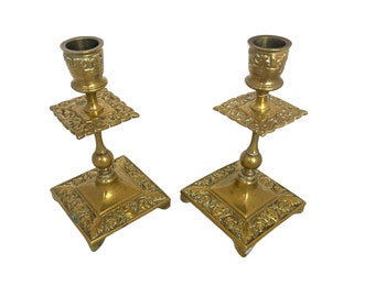 Antique Victorian Brass Candle Holders: Renaissance Revival Pair