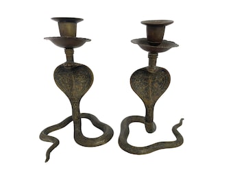 Vintage Rustic Brass Cobra Candle Holders, Pair of Candle Sticks, Enameled Cobra, Indian Snake, Cobra Snake, Curio, Oddity Decor, Serpent
