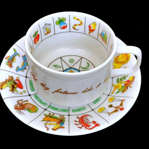 Vintage Fortune Telling Cup & Saucer, Astrology Signs Tea Leaf Reading, Zodiac Cup, International Collectors Guild, Tasseography, Divination