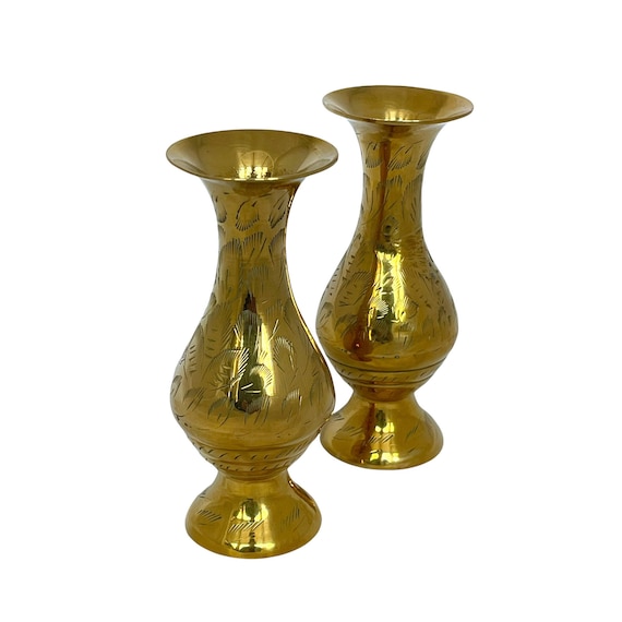 Vintage Brass Vases, Pair of Etched Vases, Indian Brass Vase