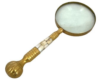 Vintage Brass Magnifying Glass: Mother of Pearl Inlay, Dark Academia Decor
