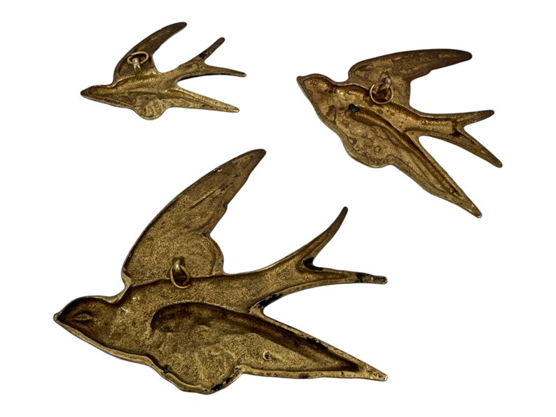 Vintage Brass Bird Wall Hanging, Brass Swallow Ornament, Graduated Bird Wall Decor, Swift, Bird Wall Plaque, Retro Flying Wall Birds image 7