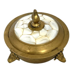 Vintage Brass Trinket Box: Mother of Pearl Inlay, Footed Jewelry Box