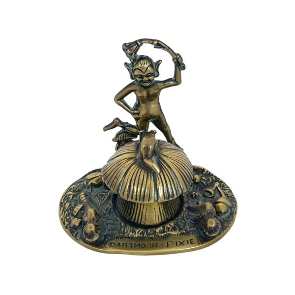 Antique Brass Pixie Inkwell, Witchcraft, Pagan, Witchy Home decor, Dartmoor Pixie & Mushroom Altar Piece, Folklore, Office Desk Inkwell