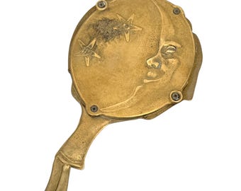 Vintage Brass Pierrot Moon Hand Mirror, Art Nouveau Celestial Handle Mirror