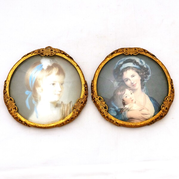 Pair of Vintage Framed Photos, Gold Filigree Frame, Art Nouveau Picture, 1950s Woman & Child, Round Picture Frame, Wall Hanging Pictures