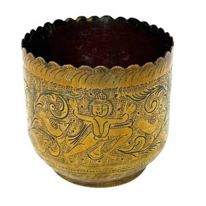 Vintage Etched Brass Planter, Rustic Indian Herb Pot, Small Cacti Holder