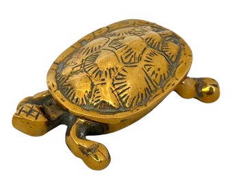 Vintage Solid Brass Tortoise Box, Hinged Lid Trinket Curio, Turtle Decor