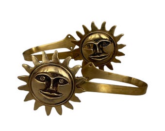 Vintage Brass Sun Curtain Hooks, Pair of Celestial Curtain Hold Backs, 90s Celestial Whimsy Goth Decor