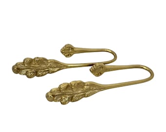 Vintage Large Brass Feather Curtain Tie Backs: Drapery Hooks Pair