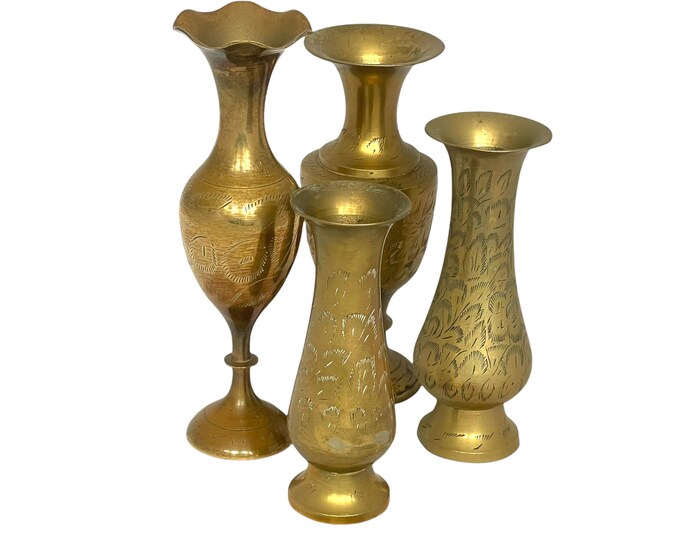 Vintage Set of Brass Vases, Set of Mixed Decorative Vases, Indian Vase