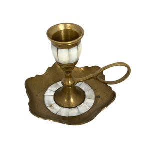 Vintage Brass Chamber Candlestick with Mother of Pearl Inlay