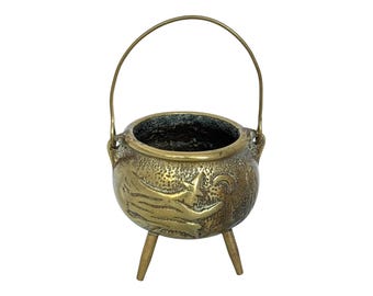 Antique Brass Witches Cauldron: Wiccan Altar Decor, Witch on Broom Design