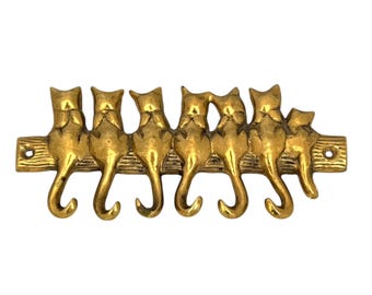 Vintage Brass Cat Key Hooks, Cast Brass Wall Mount, Entryway Jewellery Hanger