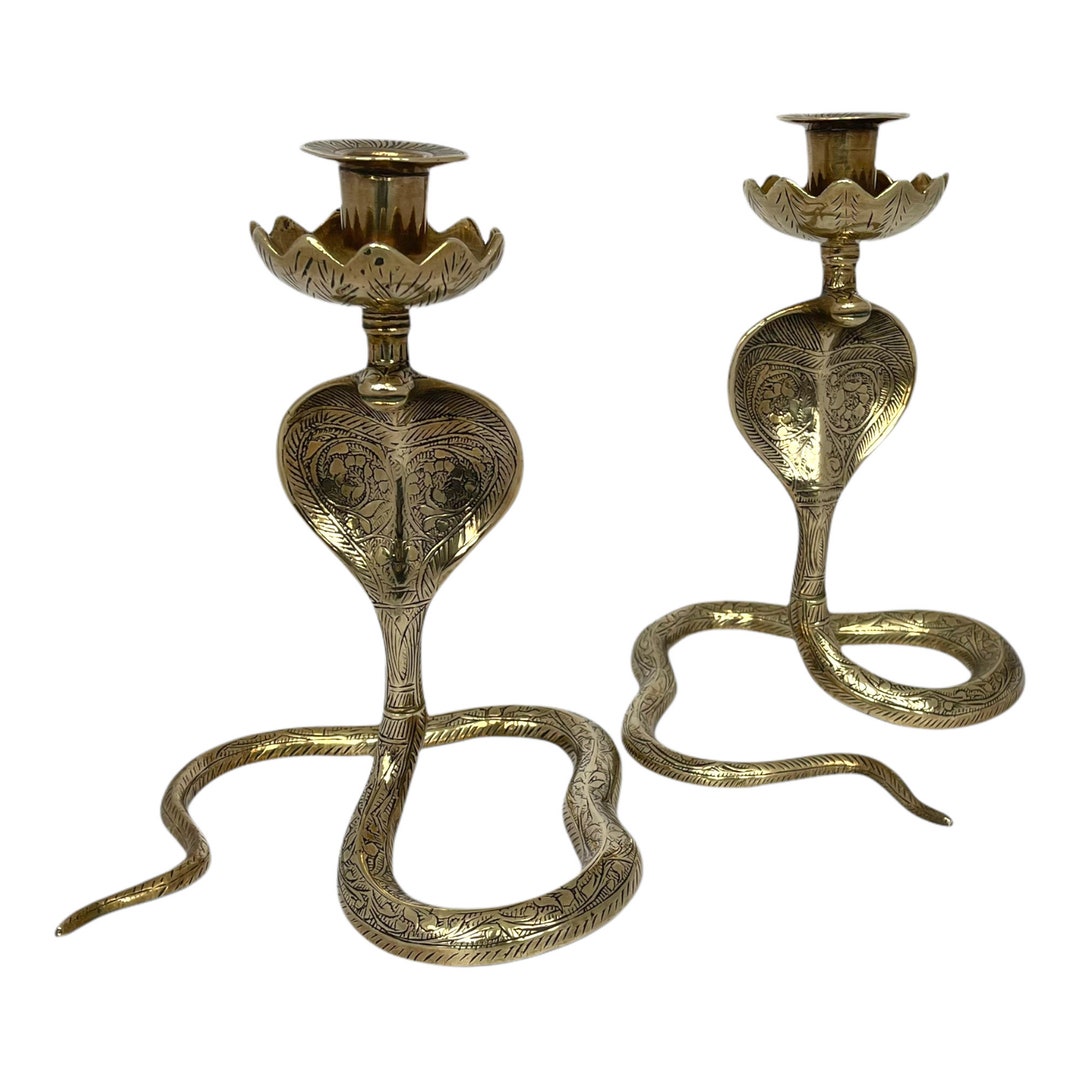 Vintage Brass Snake Candle Holders, Two Large Enameled Cobra Snake