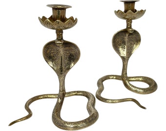 Paire Appliques Bougeoirs Bronze émaillé Cobra Serpents XIXe