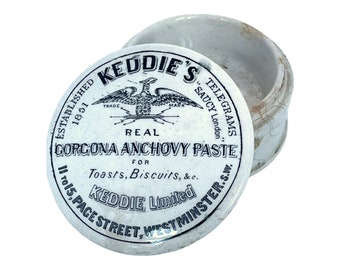 Antique Keddie’s Real Gorgona Anchovy Paste Lidded Pot, Anchovy Paste Jar and Base, Stoneware Pot, Lidded Stone Pot, Advertising Victorian